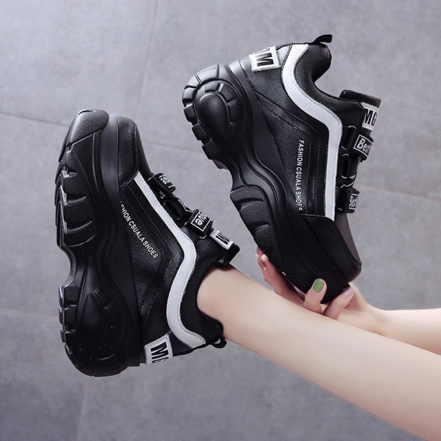 Women Chunky Sneakers 2019 Fashion Platform Sneakers Ladies Brand Wedges Casual Shoes For Woman Leather Sports Dad Shoes 7cm