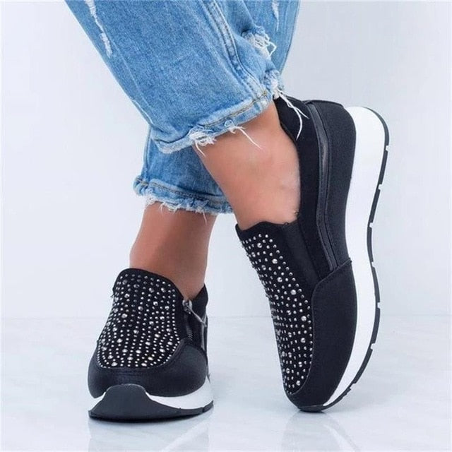 Women Crystal Sneakers Spring Autumn Casual Zipper Flat Shoes women Non-slip Breathable Outdoor Vulcanized Shoes woman