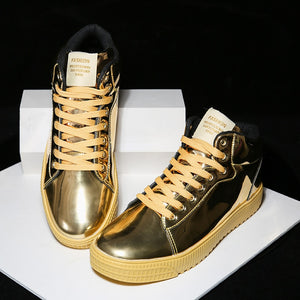 Gold Silver Black Leather Casual Shoes Men Bling High Top Big Size Couple Shoes Lace Up Sneakers Outdoor Male Footwear