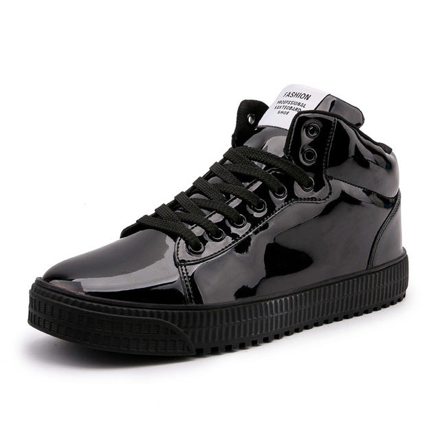 Gold Silver Black Leather Casual Shoes Men Bling High Top Big Size Couple Shoes Lace Up Sneakers Outdoor Male Footwear