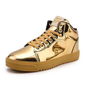 Gold Silver Black Leather Casual Shoes Men Bling High Top Big Size Couple Shoes Lace Up Sneakers Outdoor Male Footwear