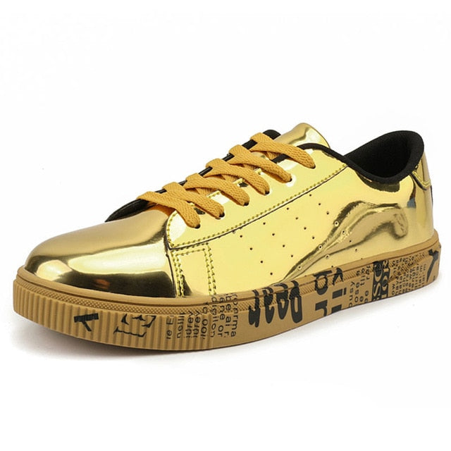 Gold Silver Black Leather Casual Shoes Men Bling High Top Big Size Couple Shoes Lace Up Sneakers Outdoor Male Footwear