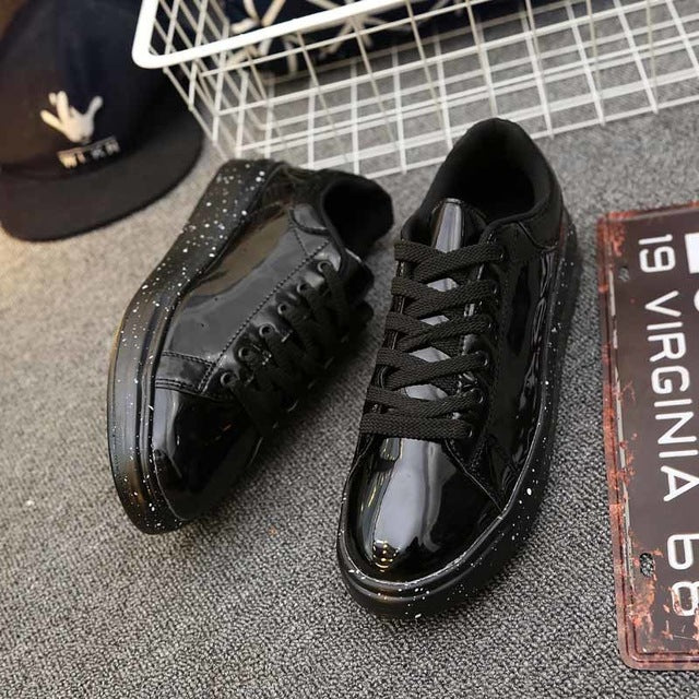 Gold Silver Black Leather Casual Shoes Men Bling High Top Big Size Couple Shoes Lace Up Sneakers Outdoor Male Footwear