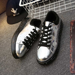 Gold Silver Black Leather Casual Shoes Men Bling High Top Big Size Couple Shoes Lace Up Sneakers Outdoor Male Footwear