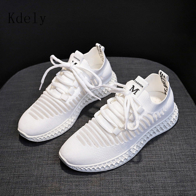 Fashion Spring Summer Yellow Knitted Breathable Casual Shoes Women Sneakers Korean Sports Leisure Shoes Women Vulcanize Shoes