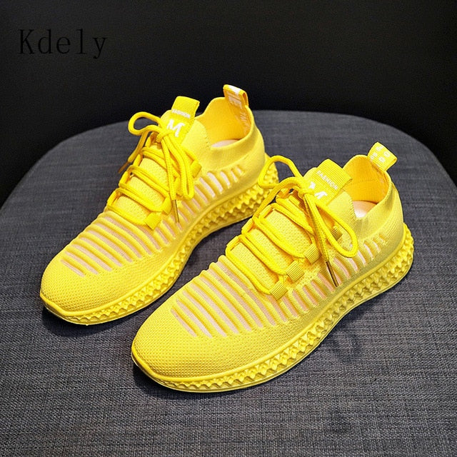 Fashion Spring Summer Yellow Knitted Breathable Casual Shoes Women Sneakers Korean Sports Leisure Shoes Women Vulcanize Shoes