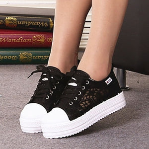 Women shoes 2019 fashion summer casual ladies shoes cutouts lace canvas hollow breathable platform flat shoes woman sneakers