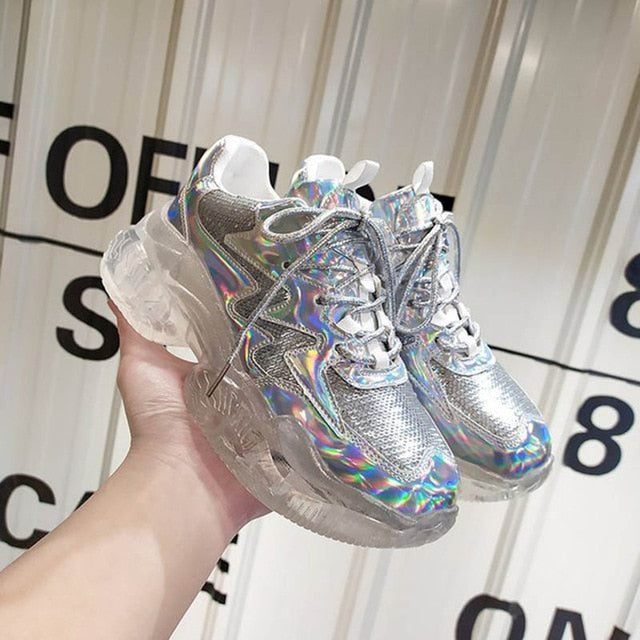 Transparent Sneakers Women Harajuku Ladies Platform Jelly Shoes Laser Casual Shoes Woman Shining Running Footwear