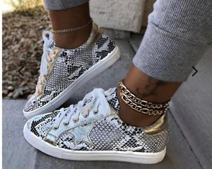 PU Leather Flat with Snake Pattern Shoes Women Lace-up Fashion Printed Female Sneakers New Leisure Women Sneaker Footwear 2020