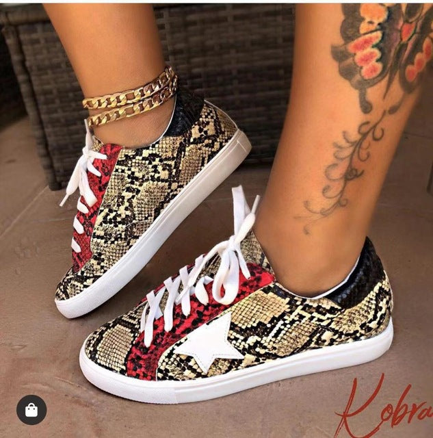 PU Leather Flat with Snake Pattern Shoes Women Lace-up Fashion Printed Female Sneakers New Leisure Women Sneaker Footwear 2020