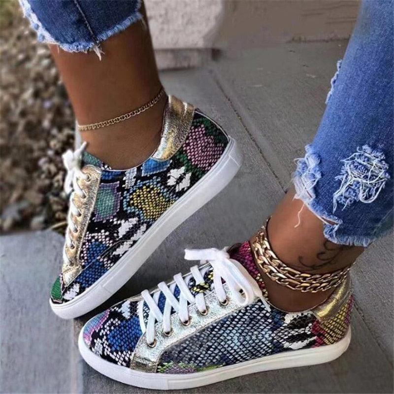 Women Snake Printing PU Leather Vulcanized Shoes Lace up Female Sneakers Fashion New Platform Woman Shoes Walking Footwear