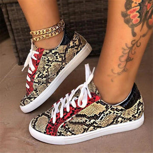 Women Snake Printing PU Leather Vulcanized Shoes Lace up Female Sneakers Fashion New Platform Woman Shoes Walking Footwear