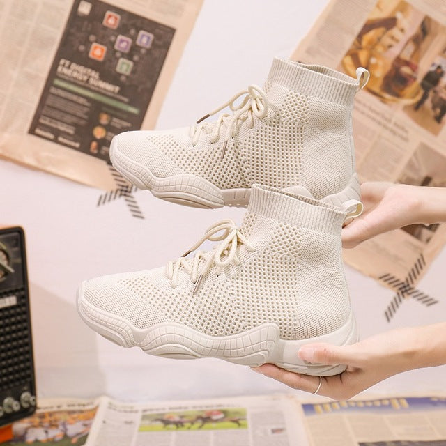 2020 Mesh Sneakers Women Vulcanized Shoes Lace-Up Solid Flat Platform Knited Spring Autumn Wedges Shoes For Women