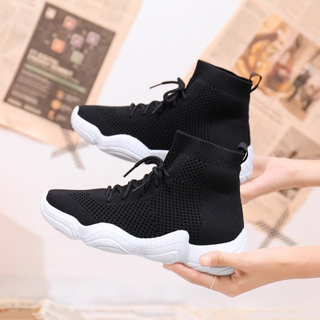 2020 Mesh Sneakers Women Vulcanized Shoes Lace-Up Solid Flat Platform Knited Spring Autumn Wedges Shoes For Women