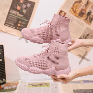 2020 Mesh Sneakers Women Vulcanized Shoes Lace-Up Solid Flat Platform Knited Spring Autumn Wedges Shoes For Women